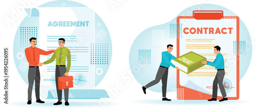 Two business agreements and contract signing scenarios illustrated with professionals