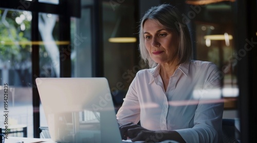 Woman Working Laptop Office Reflection Business