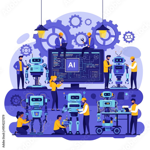 Team of engineers building robots and artificial intelligence technology in a workshop