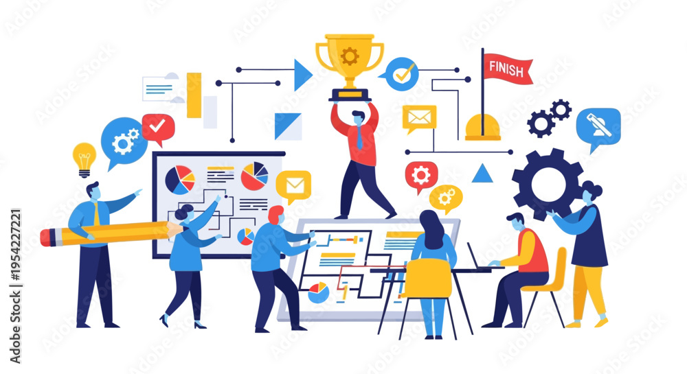 Fototapeta premium Teamwork success, business strategy, project management, winning trophy, collaboration, startup growth