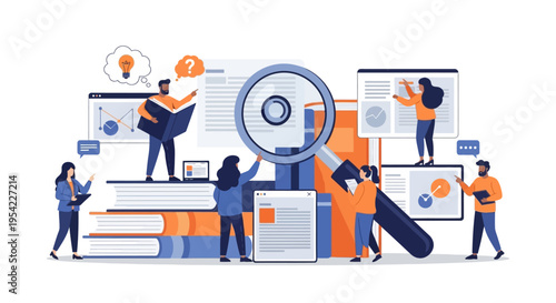 Teamwork research analysis concept, people studying books, magnifying glass, charts, idea bulb, data visualization
