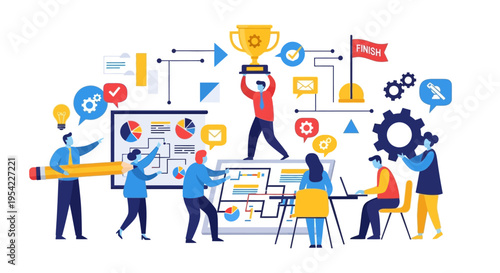 Teamwork success, business strategy, project management, winning trophy, collaboration, startup growth