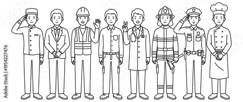 Group of professional workers from various occupations in line art