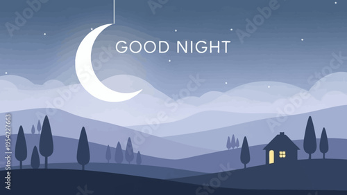 Good Night text with a crescent moon in a serene night landscape.
