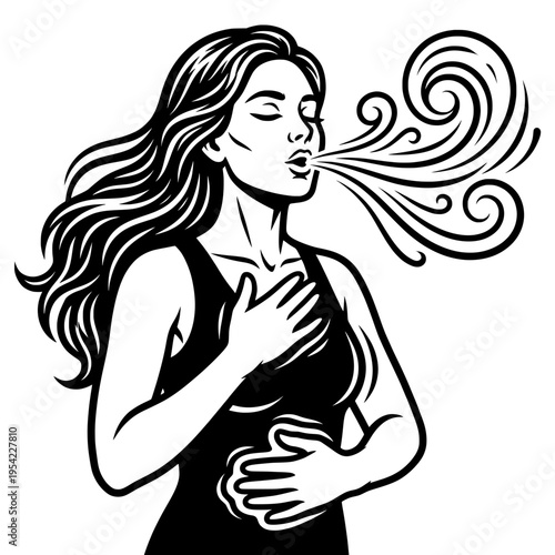 Deep Breathing Exercise Illustration - Woman Practicing Mindful Breathwork and Relaxation
