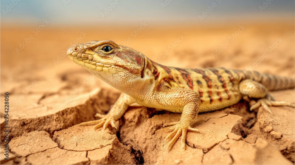 Fototapeta premium Small Lizard with Sail-like Dorsal Fin Running Across Desert Surface