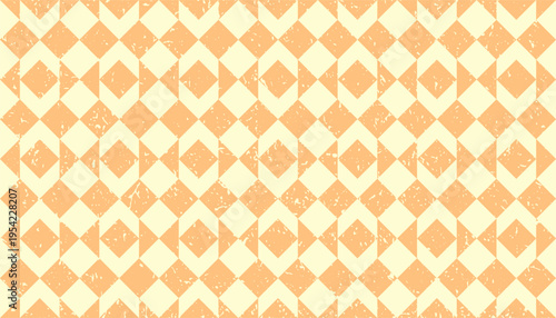 Seamless 1980s Retro Geometric Pattern with Distressed Texture and Orange Rhombus Tiles