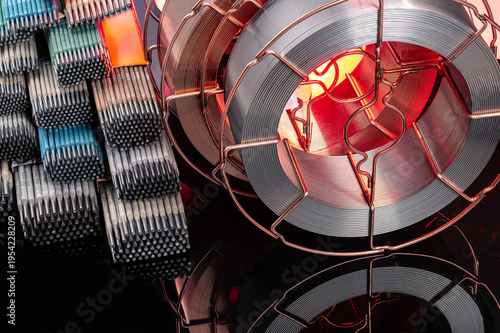 Industrial welding supplies with bright orange and red light. Stacked welding electrodes and wire spools illuminated by strong red and orange light.