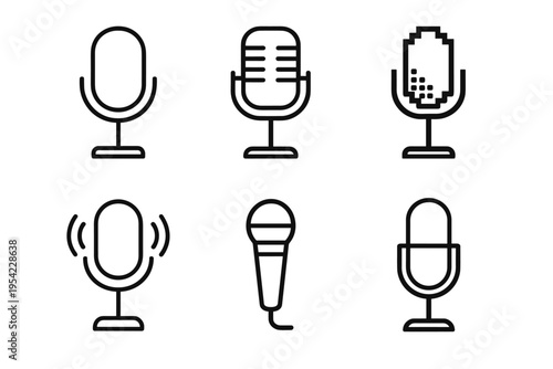 Collection of six different microphone icons in a simple line art style on a white background
