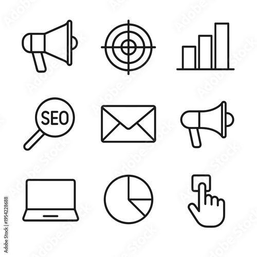 Set of digital marketing and SEO icons including megaphone, target, graph, and laptop