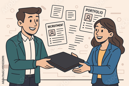 Man and woman exchange documents related to recruitment and portfolio building