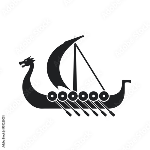 Viking Ship Silhouette with Dragon Head and Oars
