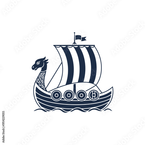 Viking Ship Silhouette with Dragon Head and Shield Decoration on Wavy Sea