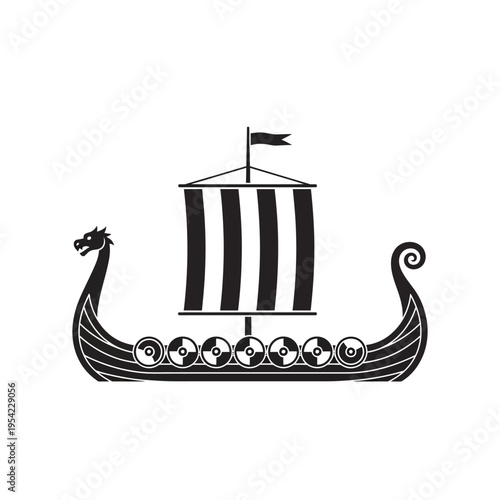 Viking Ship Silhouette with Dragon Head and Shield Row