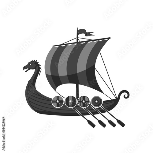 Viking Ship with Dragon Head and Shields Sailing on Water