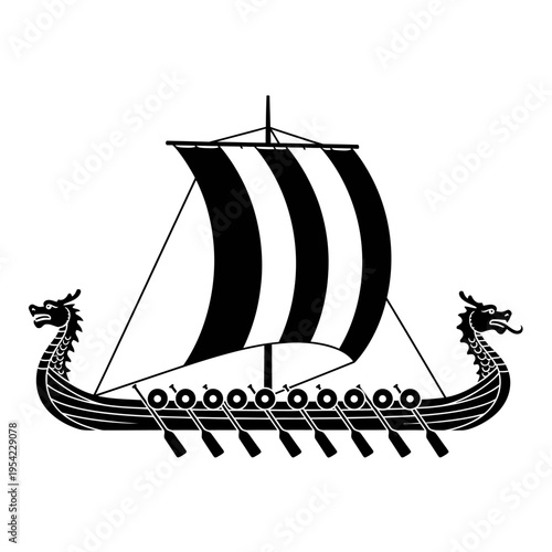 Viking Ship Silhouette with Dragon Heads and Oars, Black and White