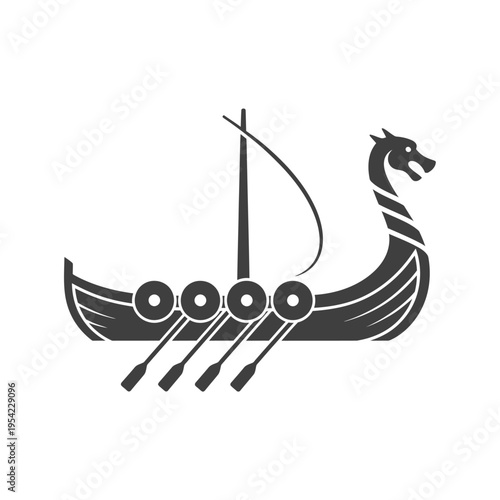 Viking Ship Silhouette Icon, Dragon Head Longship, Oars, Sail, Norse Mythology, Vector Art
