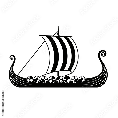 Viking Ship with Shields and Striped Sail, Ancient Norse Longship Illustration
