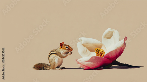 Tiny squirrel facing oversized magnolia flower, surreal spring contrast and gentle surrealism emotional storytelling for nature inspired branding