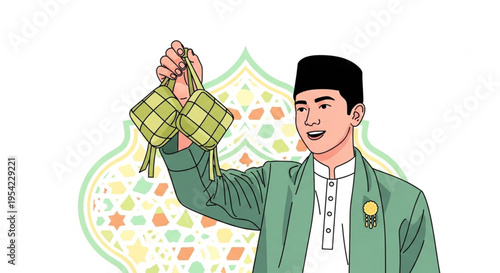 A moslem man bring a ketupat (Indonesian culinary) in eid Al fitri