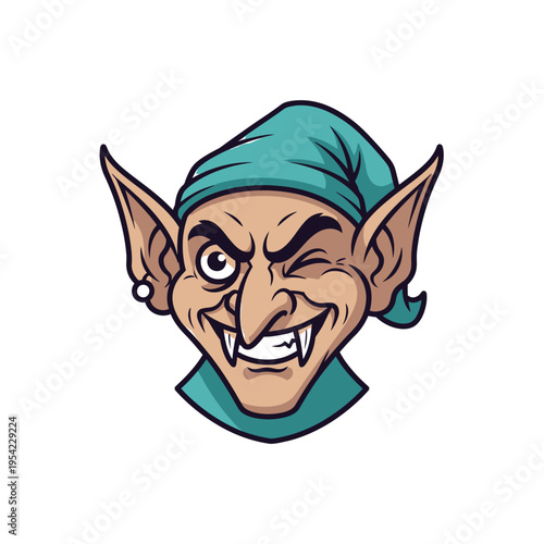 Wicked Goblin Winking with Sharp Fangs and Pointed Ears, Wearing a Teal Cap