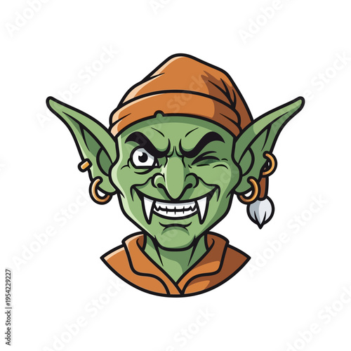Winking Green Goblin Character with Fangs and Orange Hat, Cartoon Style