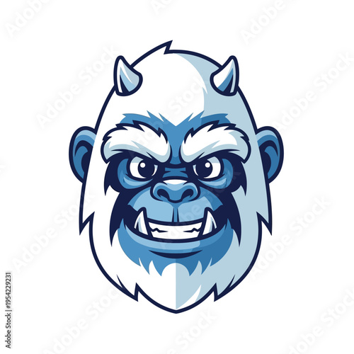 Yeti Mascot Head, Cartoon Bigfoot Character, Fierce Snow Monster, Blue and White