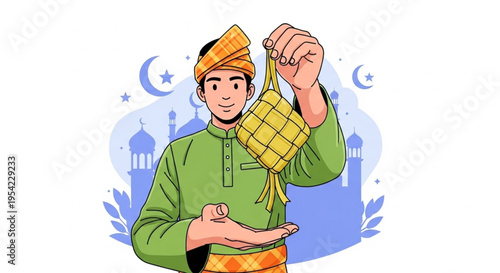 A moslem man bring a ketupat (Indonesian culinary) in eid Al fitri