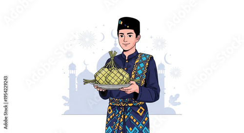 A moslem man bring a ketupat (Indonesian culinary) in eid Al fitri
