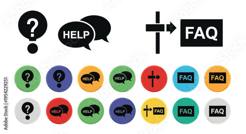 Help and frequently asked questions icons with colorful circular buttons silhouette