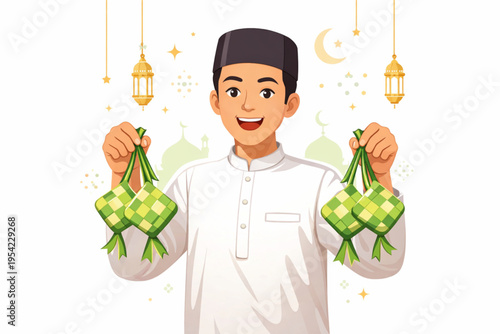 A moslem man bring a ketupat (Indonesian culinary) in eid Al fitri