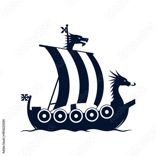 Viking longship silhouette with dragon figurehead and shields sailing on waves