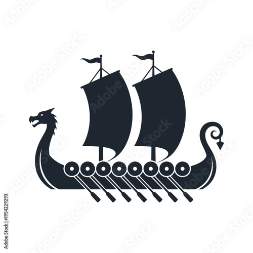 Viking longship silhouette with dragon head prow and oars, isolated on white background