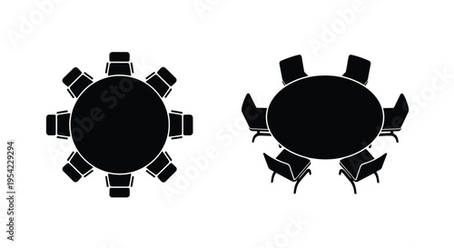 Overhead view of two round tables and chairs black silhouette