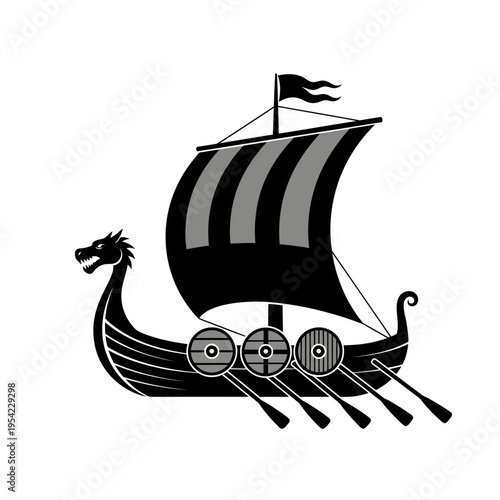 Viking Longship with Dragon Head and Shields, Black and White Illustration