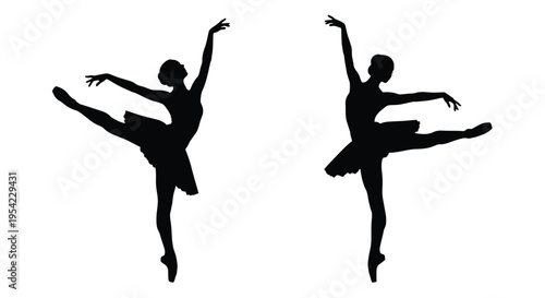 Two ballet dancers in dynamic poses a striking black silhouette