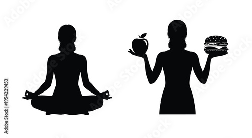Woman contemplating healthy eating versus junk food a stark silhouette