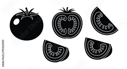 Black and white tomato shapes in a graphic minimalist silhouette