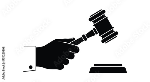A black silhouette of a hand holding a gavel justice concept