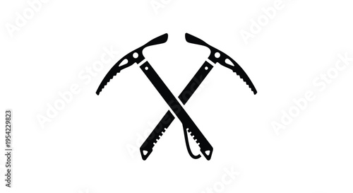 Two crossed ice axes depicted in a striking black graphic silhouette