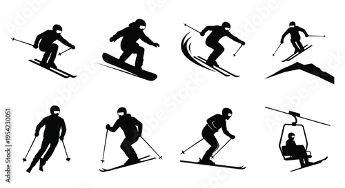 Skiers and snowboarders in various dynamic poses a striking silhouette