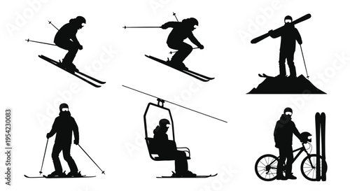 Skiing activities depicted in black shapes a striking silhouette