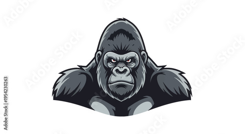 Detailed vector illustration of a fierce gorilla head mascot with intense red eyes and a scowling expression, featuring muscular shoulders and grayscale fur texture, isolated.