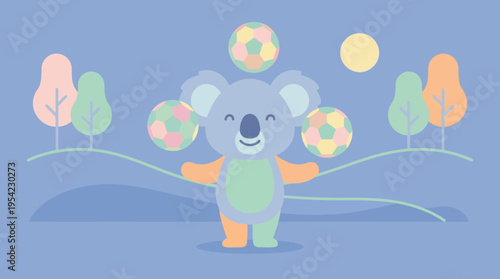 Cute Koala Juggling Colorful Rings with a Cheerful Expression.