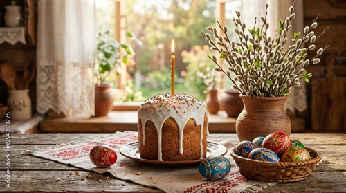 Traditional Easter cake with a burning candle, painted eggs and pussy willow on a wooden table