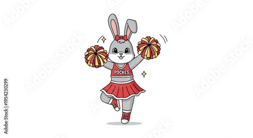 Cute cartoon bunny cheerleader with pom-poms in a red uniform.