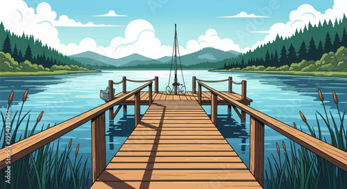 Cartoon illustration of a wooden pier extending into a calm blue lake with a fishing rod, surrounded by green pine forests and mountains under a bright sky with white clouds.
