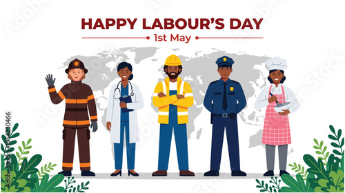 Happy labour day banner with diverse professionals and world map