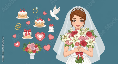 Charming vector cartoon illustration of a beautiful bride in a white wedding dress and veil holding a floral bouquet, surrounded by wedding cakes, rings, hearts, and a dove.