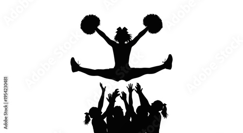 Silhouette of a cheerleader performing a toe touch jump in the air after being tossed by a team of cheerleaders, holding pom-poms and wearing a hair bow on a white background.